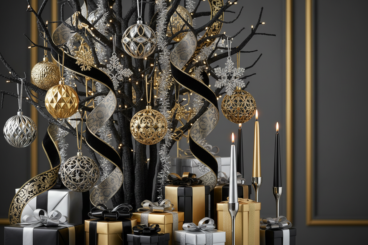 black silver gold Christmas decor